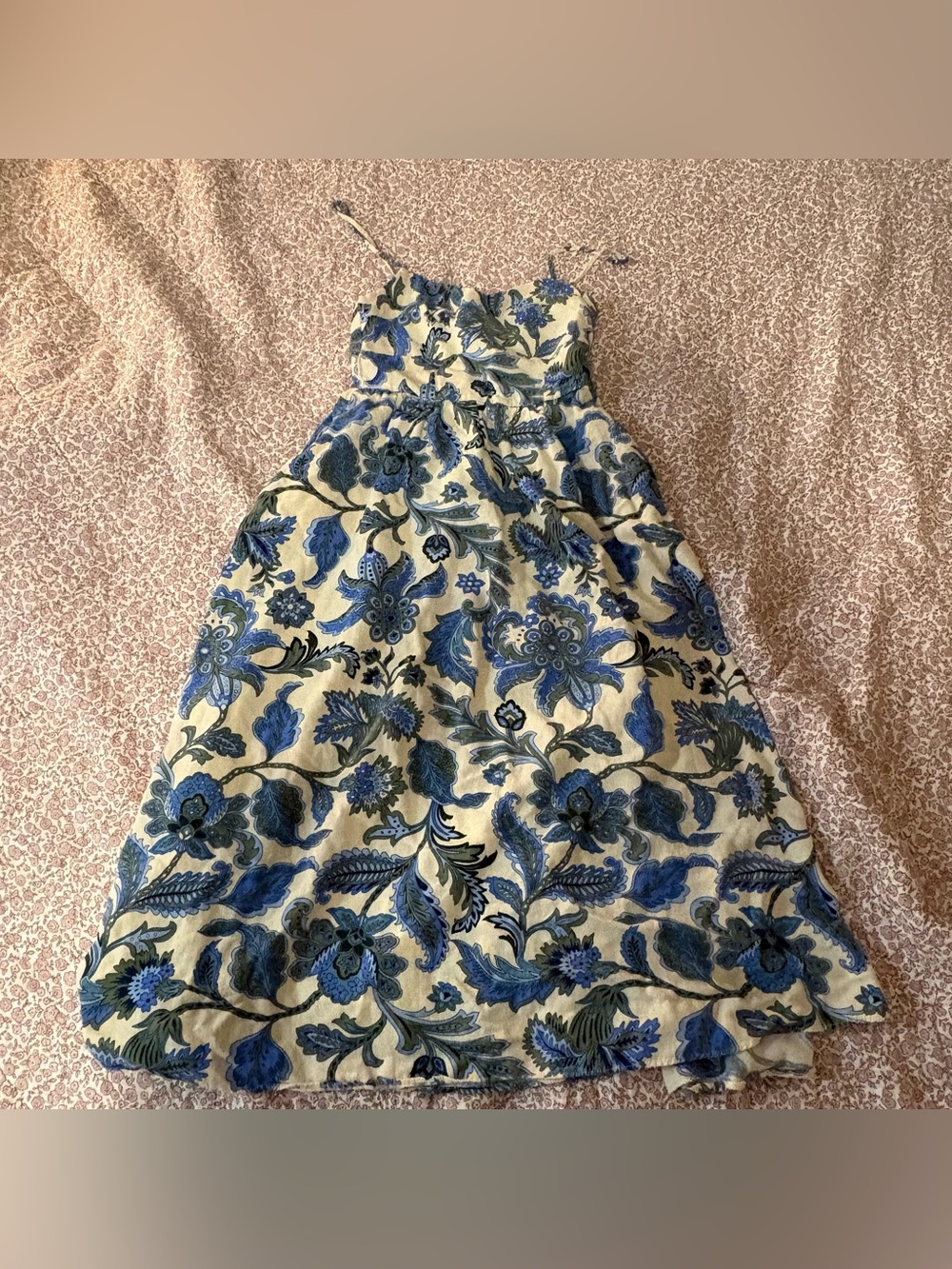 Zara Cream Midi Dress with Blue Floral Print and Spaghetti Straps